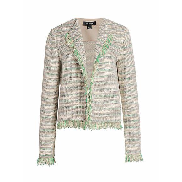NEW St.John Ombré Knit Fringe Jacket in White Golden Straw Size 14 #C1668